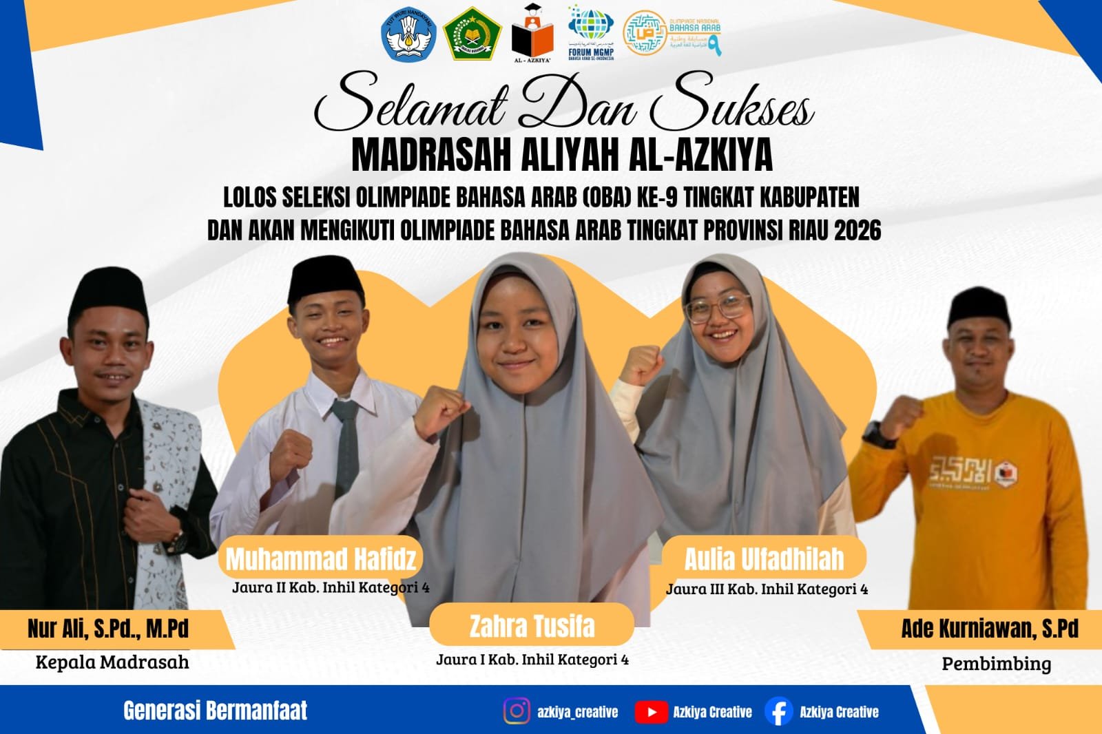 Santri dan Guru PPM Al-Azkiya meraih juara Olimpiade Bahasa Arab OBA 9 Tingkat Kabupaten dan lolos ke tingkat Provinsi.